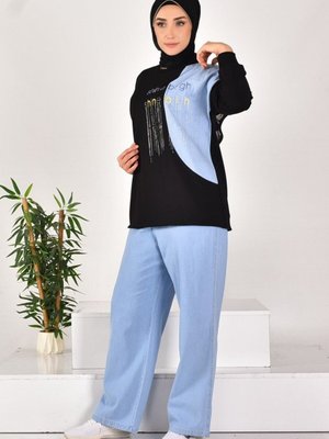 Siyah İki İplik Kumaş Taş Baskılı Ve Yazı Nakışlı İkili Takım Siyah İki İplik Kumaş Taş Baskılı Ve Yazı Nakışlı İkili Takım