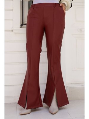 Bordo İspanyol Paça Önü Yırtmaçlı Deri Pantolon Bordo İspanyol Paça Önü Yırtmaçlı Deri Pantolon