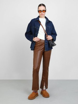 Kahverengi Flare Paça Önden Dikişli Deri Pantolon