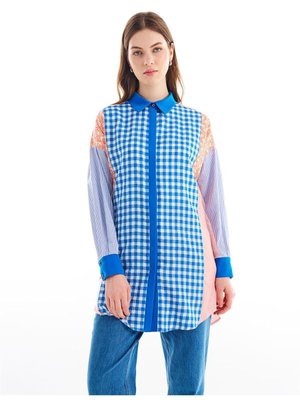 Kumaş Mixli Gömlek Yaka Tunik Kobalt Mavi