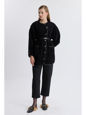 Siyah Novi Kemer Aksesuar Detaylı Peluş Ceket