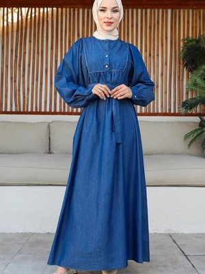 Koyu Lacivert Şerit Detaylı Kot Elbise