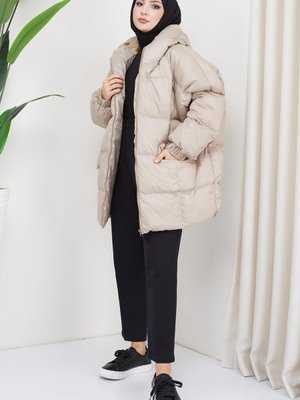 Kapüşonlu Oversize Şişme Mont Bej Kapüşonlu Oversize Şişme Mont Bej