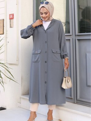 Önü Cep Detaylı Kapüşonlu Kare Çıt Düğmeli Uzun Kap Tunik