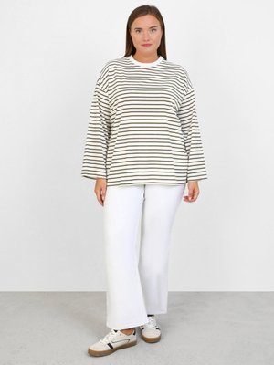 Pamuklu Büyük Beden Çizgili Tişört Haki Bej