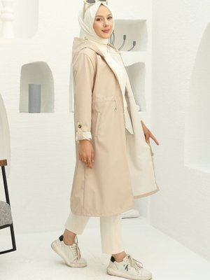 Kadın Beli Büzgülü Su İtici Kapüşonlu Fermuarlı Trençkot