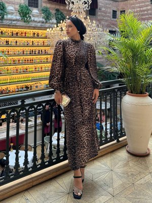 Kuşaklı Leopar Abiye Elbise Kahverengi