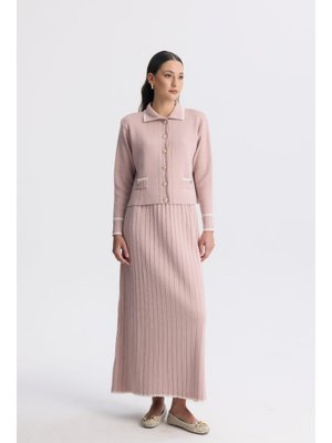 Gül Kurusu Kontrast Gold Düğmeli Piliseli Etekli Triko Takım