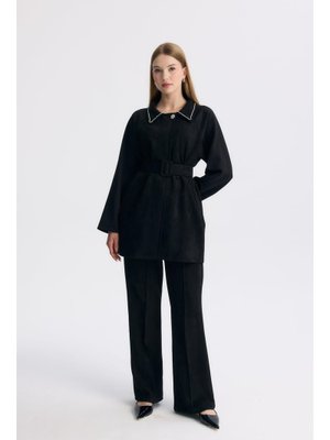 Siyah Merale Yakası Taşlı Süet Takım