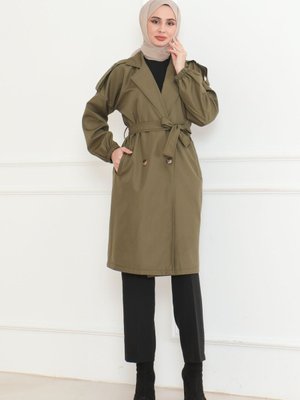 Haki Omuzu Patlı Kolu Lastikli Kemer Bağlamalı Uzun Düğme Detaylı Trençkot