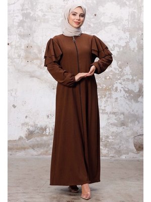 Kahve Fırfır Kol Boydan Fermuarlı Ferace