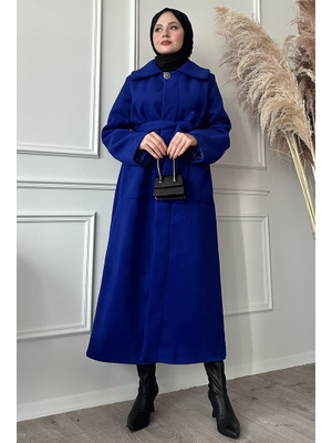 Kuşaklı Gizli Patlı Saks Mavisi Kaban