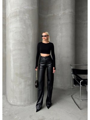 Siyah Deri Görünümlü Geniş Paça Pantolon