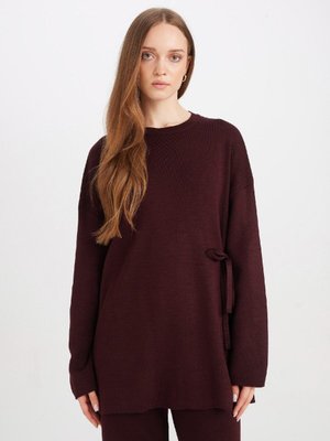 Regular Fit Bisiklet Yaka Yandan Bağlamalı Basic Düz Triko Kazak Tunik D7508ax24wn