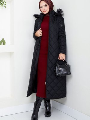 Kapşonu Kürklü Kapitone Kaban M Siyah