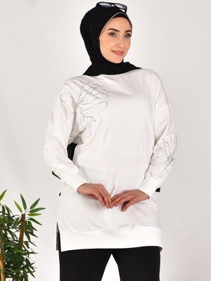 Ekru İki İplik Kumaş Taş Desenli Sweatshirt