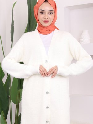 Ekru Düğmeli Uzun Peluş Triko Hırka