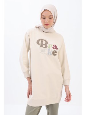 Ekru Aplike Nakışlı Sweat Tunik