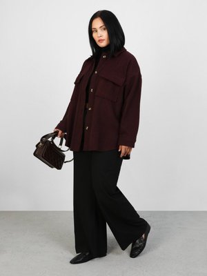 Siyah Büyük Beden Cep Detaylı Oversize Kaşe Ceket Bordo