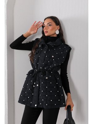 Siyah Taşlı Kapitone Yelek