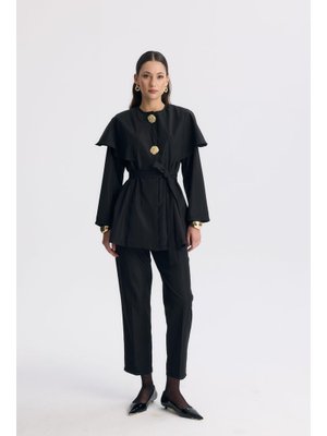 Siyah Chanelle Pelerin Kemerli Takım