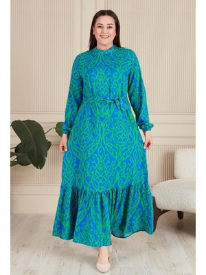 Yeşil Kadin Hakim Yaka Buyuk Beden Tesettur Viskon Kumas Pileli Ve Piliseli Elbise