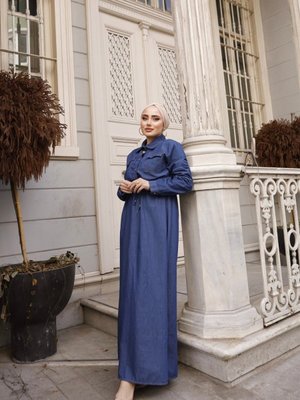 Koyu Lacivert Tünel Detaylı Kot Elbise