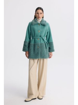 Mint Düğmeli Kaşe Kısa Kaban