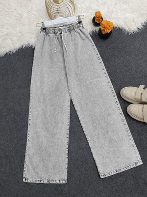 Bol Paça Beli Lastikli Bağcık Detaylı Kot Pantolon Bol Paça Beli Lastikli Bağcık Detaylı Kot Pantolon