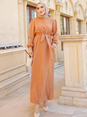 Camel Kemer Detaylı Somon Elbise Camel Kemer Detaylı Somon Elbise