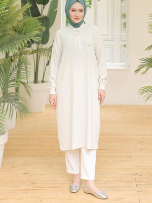 Armine Trend Ribanalı Fermuarlı Krep Kumaşlı Tunik Taş