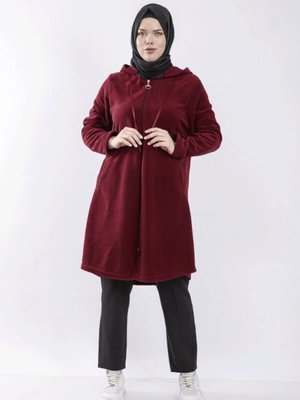 Büyük Beden Kapüşonlu Fermuarlı Polar Kap Bordo Büyük Beden Kapüşonlu Fermuarlı Polar Kap Bordo