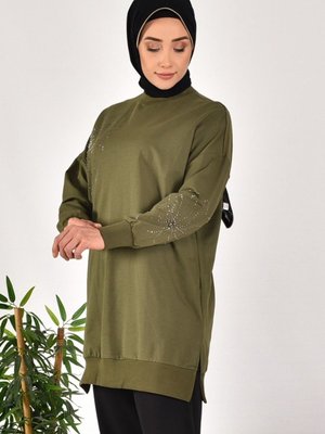 Haki İki İplik Kumaş Taş Desenli Sweatshirt Haki İki İplik Kumaş Taş Desenli Sweatshirt