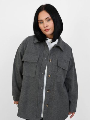 Gri Büyük Beden Cep Detaylı Oversize Kaşe Ceket