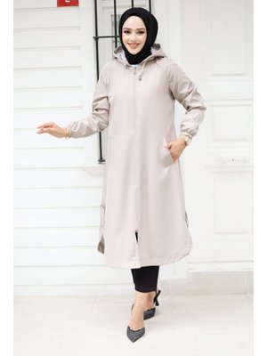 Taş Rengi Fermuarlı Kolu Lastikli Trençkot