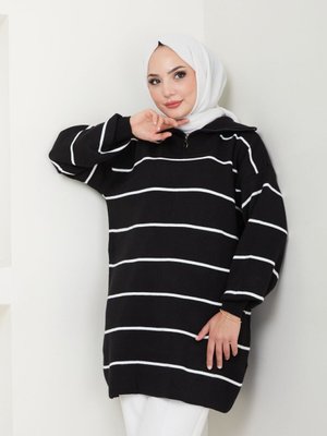 Siyah Çizgili Fermuarlı Triko Tunik