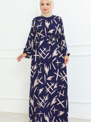 İndigo Beli Kuşaklı Fırça Desenli Elbise