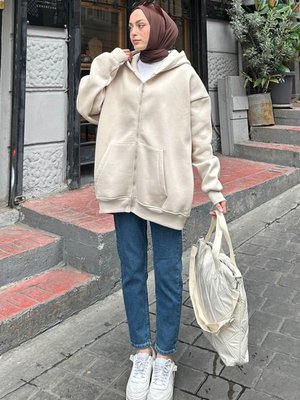 Önü Fermuarlı Kapüşonlu İplik Sweatshirt Hırka Önü Fermuarlı Kapüşonlu İplik Sweatshirt Hırka