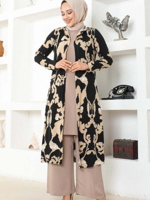 Desenli Üçlü Takım Siyah