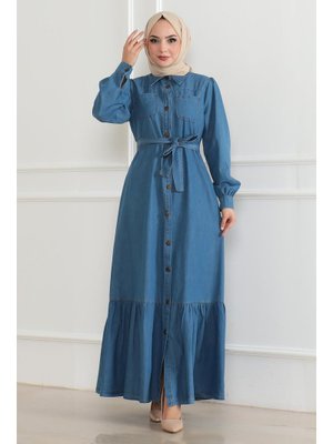 Açık Mavi Fırfır Detaylı Kot Elbise
