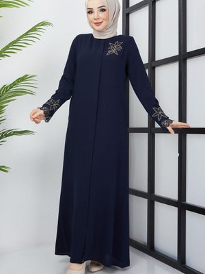 Büyük Beden Dantel Taş İşleme Detaylı Lacivert Ferace