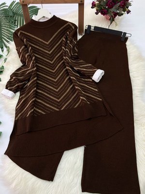 Simli Triko Tunik Pantolon Takım Kahve