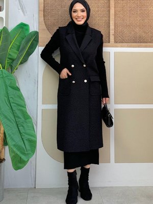 Önü Düğmeli Cep Detaylı Uzun Yelek Siyah