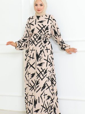 Bej Beli Kuşaklı Fırça Desenli Elbise