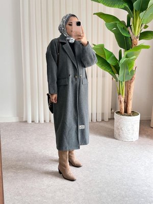 Owersize Kaşe Düğmeli Kaban Antrasitgri