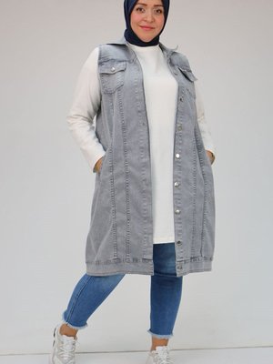 Büyük Beden Çift Cepli Kot Yelek Kar Yıkama Gri