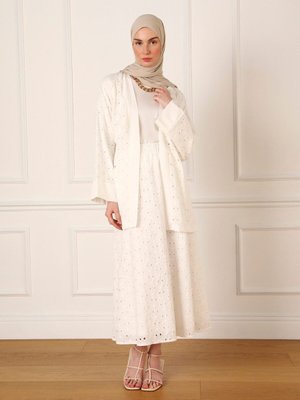 Fisto Nakışlı Beli Lastikli Şık Etek Beyaz