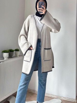 Kadın Ekru Kuşaklı Triko Hırka T