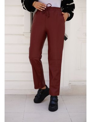 Bordo Dizi Dikişli Beli Bağcıklı Ve Lastikli Deri Pantolon Bordo Dizi Dikişli Beli Bağcıklı Ve Lastikli Deri Pantolon