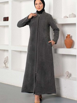 Önden Fermuarlı Kaşe Ferace Gri